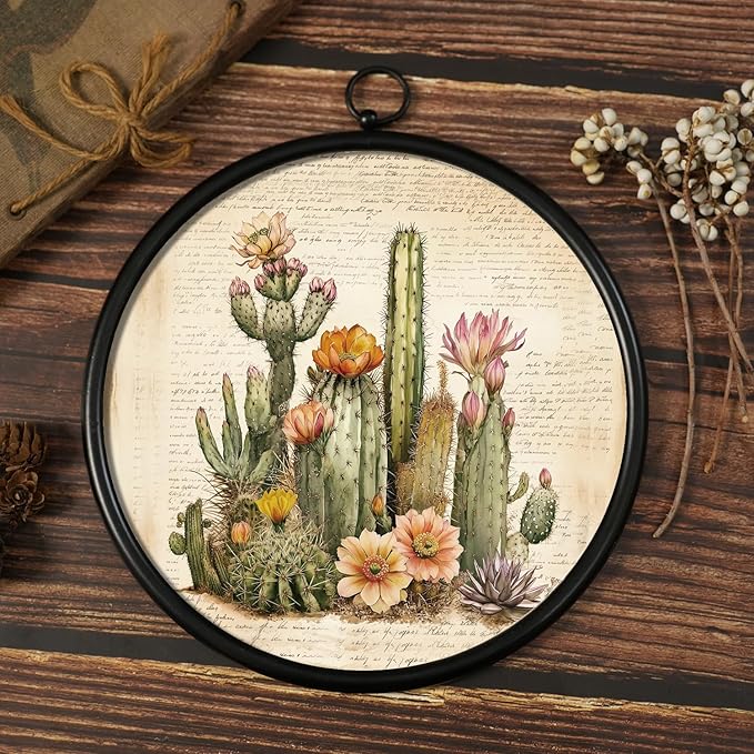 XIAOAIKA Round Vintage Wall Hanging Decor, Printed Textured Surface with Wood Back, Cactus Design, Black Metal Frame, Ready to Hang for Living Room Bedroom, 10 Inch
