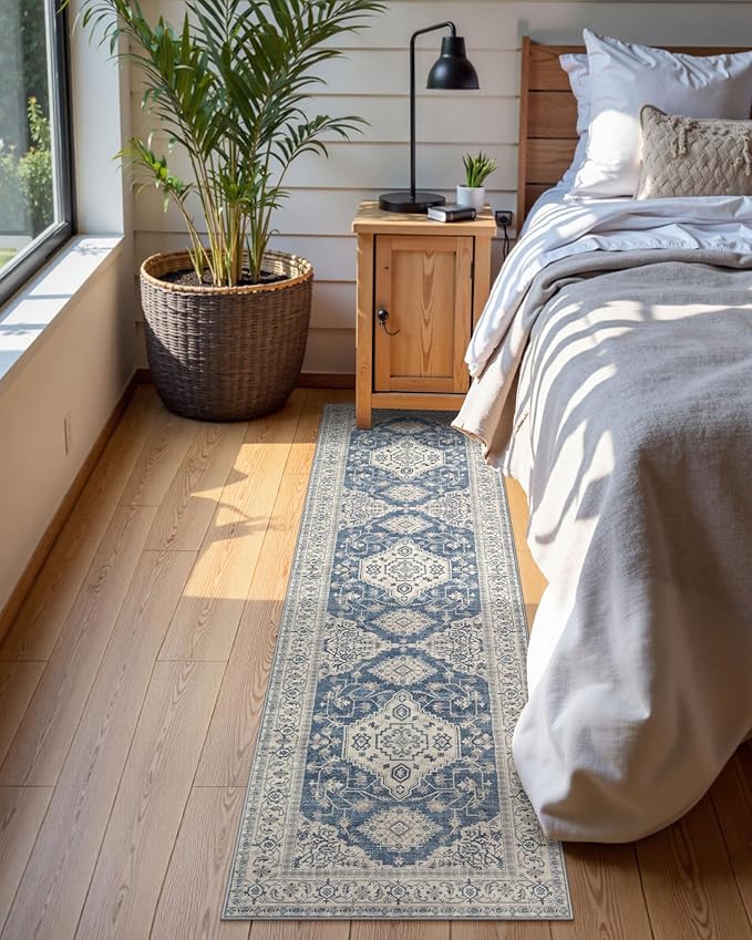 Lahome Oriental Hallway Runner Rug Non Slip, 2.5x8 Kitchen Washable Runner Soft Hallway Rug, Traditional Ultra-Thin Carpet for Bathroom Entryway ‎Laundry Room, Blue