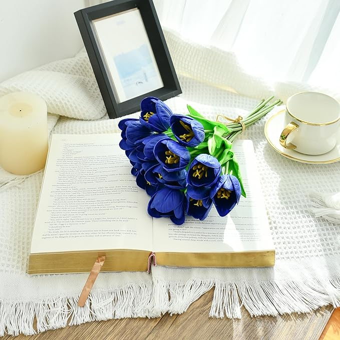 Mandy's Artificial Tulips 12 Stems Royal Blue Partially Open PU Faux Flowers for Wedding Home Decor 13.5 Inch