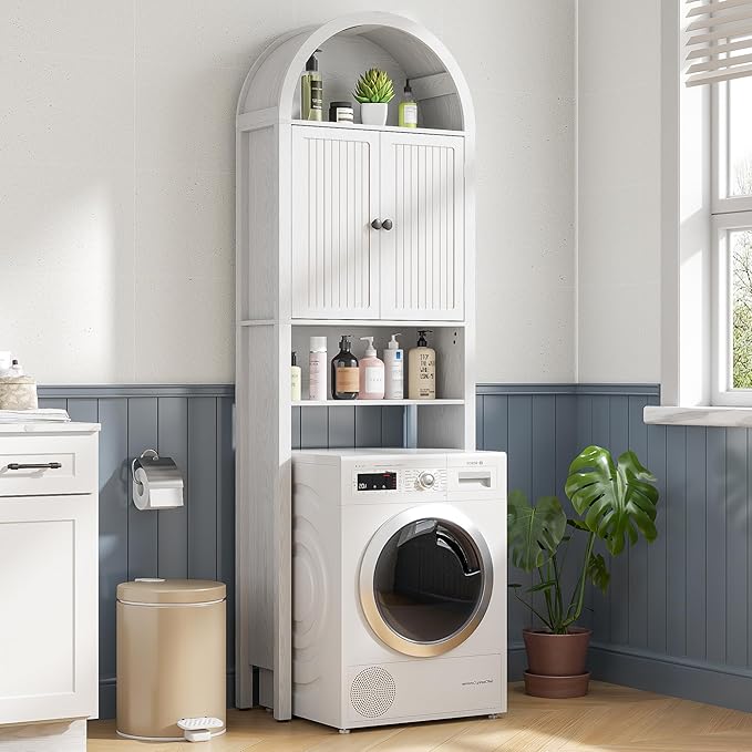 White Over The Toilet Storage Cabinet with Fluted Doors, 4 Tier Small Bathroom Shelf Organizer, Arched Bathroom Cabinet with Adjustable Shelf, Narrow Slim Toilet Rack, Anti-Tipping Device, Wood