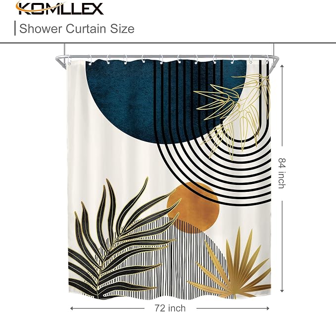 KOMLLEX Mid Century Blue Boho Shower Curtain 72Wx84L Inches Abstract Modern Blue Shower Curtains for Bathroom Decor Plant Botanical Minimalist Arch Sun Fabric Liner Waterproof Polyester 12 Pack Hooks