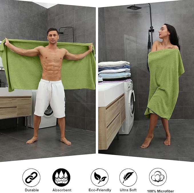 8-Piece Bath Towel Set, 2 Extra Large Bath Towel Sheets, 2 Hand Towels and 4 Washcloths - Highly Absorbent Quick Dry Microfiber,Ultra Soft Towel Set for Bathroom, Waffle Weave, Pack of 8 (Olive)