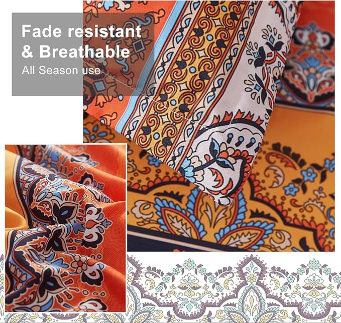 Cottolester Boho Comforter Set Queen Size 8 Piece Bed in a Bag Burnt Orange Paisley Fall Comforter and Sheet Set Bohemian Striped Bedding Set,Soft Microfiber Complete Bedding Set