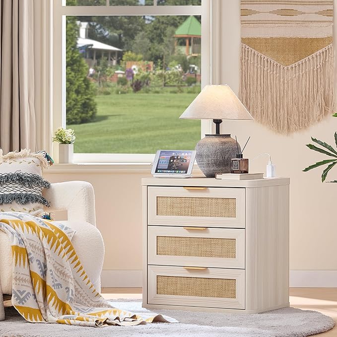 LEYAOYAO Rattan Night Stand with Charger Station, 23" Large 3 Drawer Boho Nightstand, Grey White Bedside Table Storage Cabinet, Bed Side End Tables for Bedroom, Living Room, Hallway