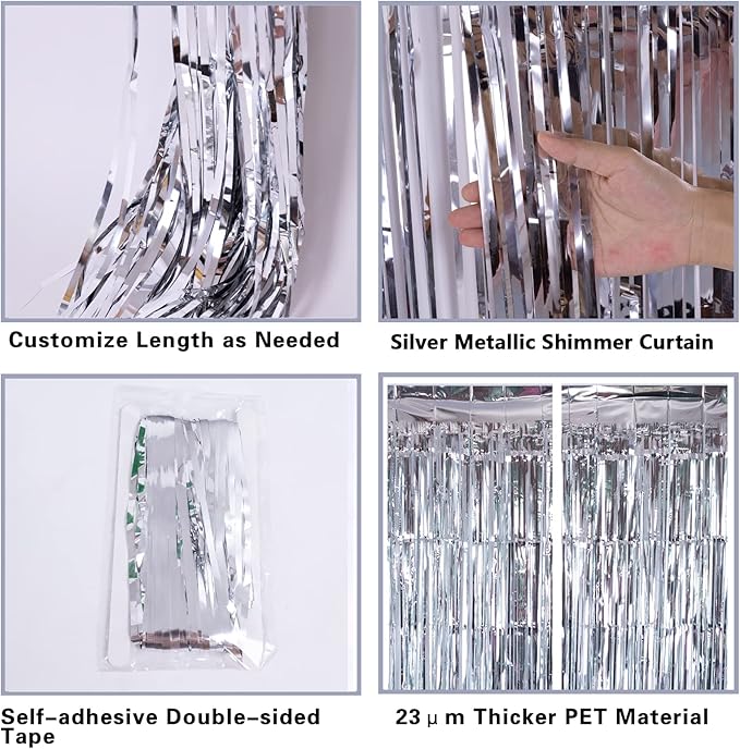2 Pack Silver Foil Fringe Curtain Backdrop, 3.2Ft x 8.2Ft Metallic Tinsel Foil Fringe Streamer Curtains for Party Photo Booth Props Bachelorette Birthday Bridal Shower Christmas Decorations