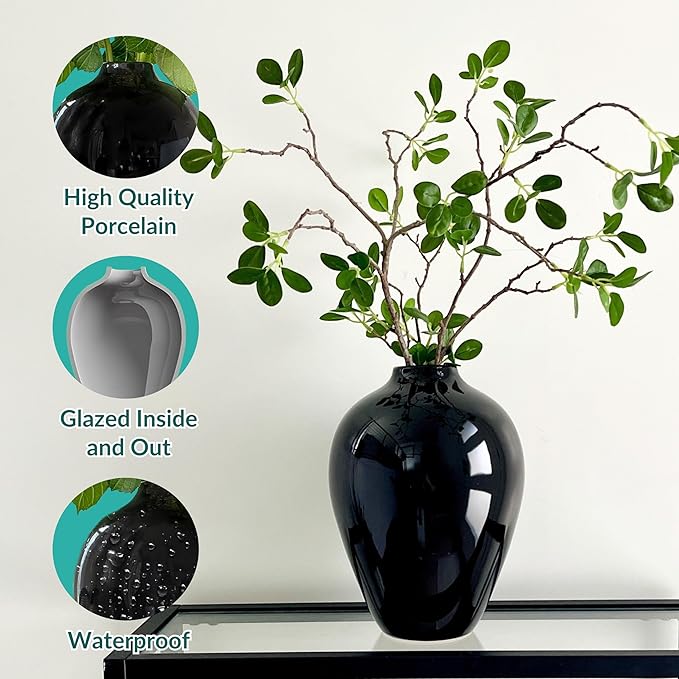 Willowy 10 Inch Glossy Porcelain Vase - Large Black Ceramic Vase, Black Vases for Centerpieces, for Home Decor, Tall Vase for Flowers, Modern Vases for Flowers