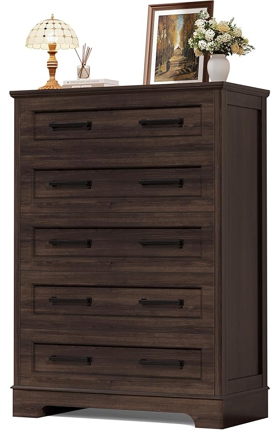 YESHOMY Tall Dresser for Bedroom, Farmhouse 5 Drawers Dresser, Chest of Drawer Chest, Multi-Tier Clothing Storage Cabinet, Brown