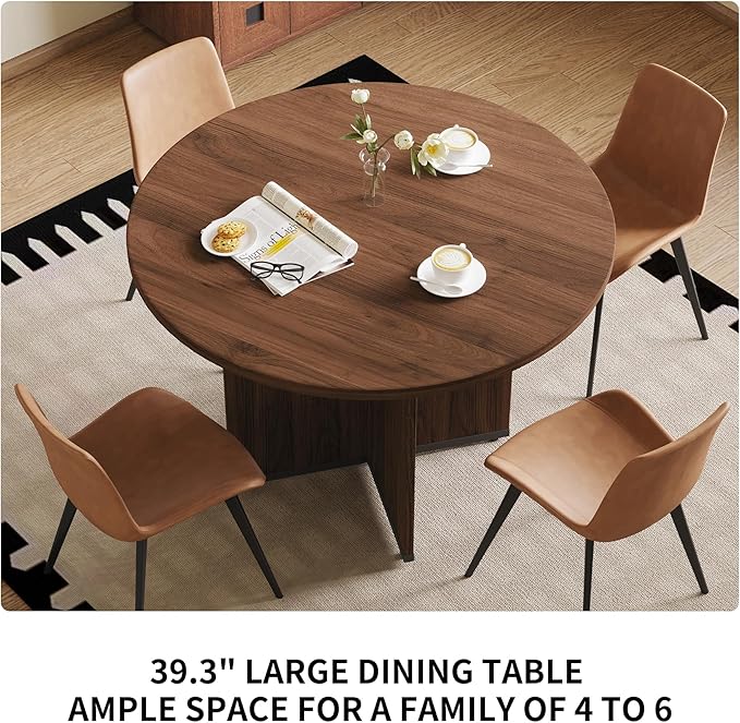 HIPIHOM Modern Round Dining Table Set for 2, 39.4" Walnut Kitchen Table with 2 PU Leather Chairs, 3-Piece Mid-Century Dining Room Set for Small Spaces, Pedestal Base & Ergonomic Padded Chairs