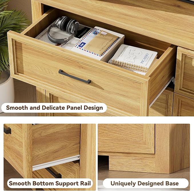 6 Drawer Dresser for Bedroom, 54" Wide Chest of Drawers with Metal Handle, Modern Storage Dressers Organizer for Living Room, Hallway, Natural Oak