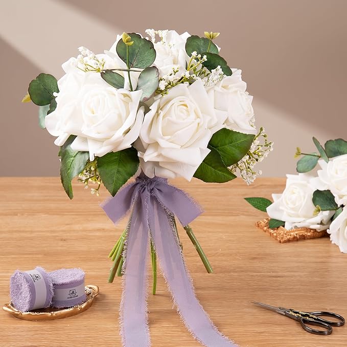 DORIS HOME Pastle Purple Chiffon Ribbon for Flower Bouquet, 1" x21Yd Fabric Ribbon for Gift Wrapping, Handmade Frayed Ribbon for Wedding Invitations/Christmas Decorations
