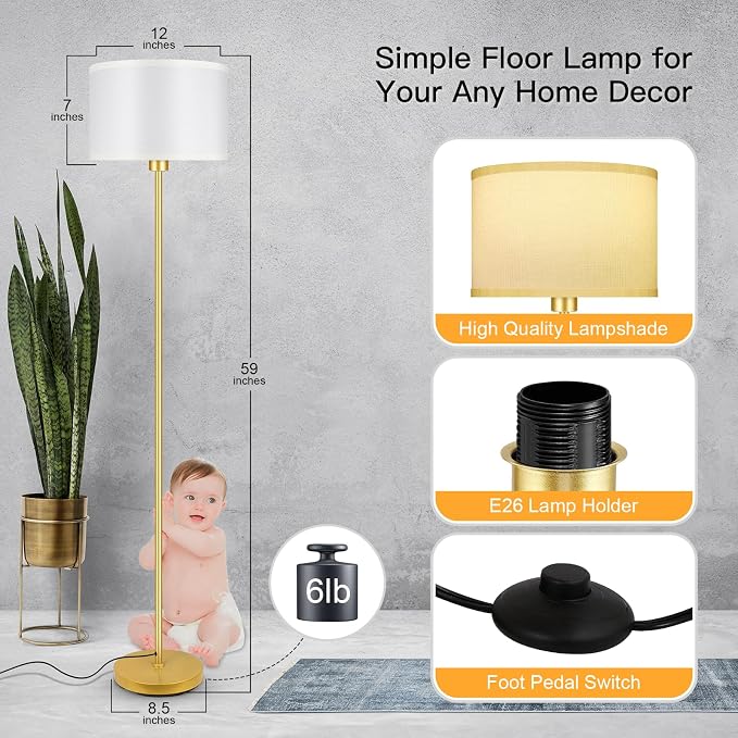 Gold Floor Lamps for Living Room, Modern Standing Lamp, White Lamp Shades, Foot Switch, Simple Pole Lamps Tall Lamp for Bedroom,Office/Living Room/Nightstand, Boho Reading Lamp(Bulb Not Included)