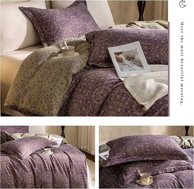 Purple Green Floral Duvet Cover Twin XL Premium Yarn-Dyed Linen Cotton Comforter Cover Boho Jacquard Design Bedding Set Botanical Floral Vintage Duvet Cover Reversible Green Flower Bedding Set Twin XL