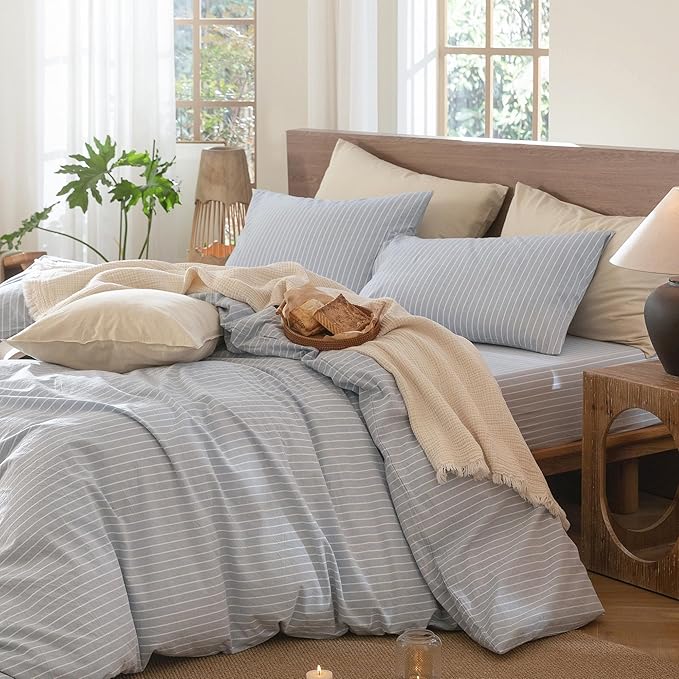 MooMee Striped Duvet Cover Set 100% Washed Cotton Linen Like Textured Breathable Durable Soft Comfy (Cornflower Blue White Wide Stripes, Oversized King Plus 128"x120")