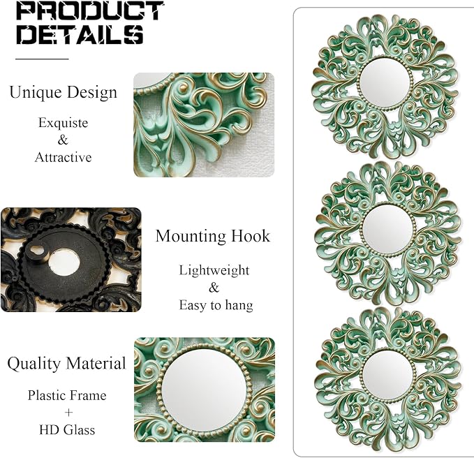 DXYAKY 3 Pack Floral Ornate Decorative Wall Mirror - Elegant Mint Green with Gold Accents, 9.8" Plastic Round Mirror Set, Lightweight Wall Art Décor for Bedroom, Bathroom, Living Room & Entryway