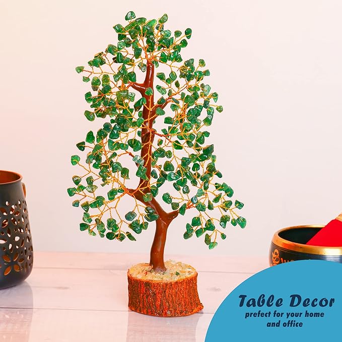 Healing Crystal Money Trees Feng Shui Gift Handmade Reiki Crystals & Stone Home Office Table Décor Good Luck Throat Chakras (Green Aventurine Golden Wire)