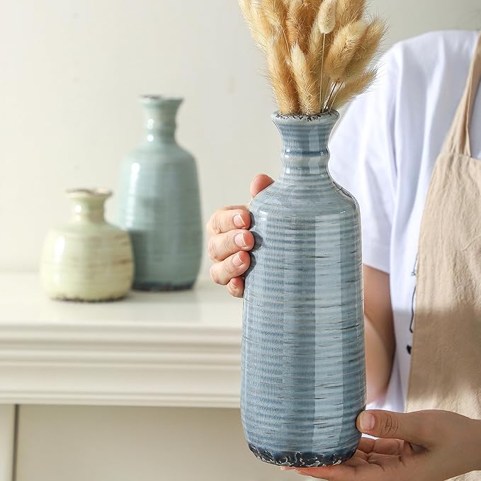 Ceramic Vase Set of 3, Rustic Neutral Vases Home Decor Farmhouse Decorative Flower Vase Modern Boho Pampass Vases for Table Mantel Entryway Shelf Living Room Kitchen Bathroom - Multicolor