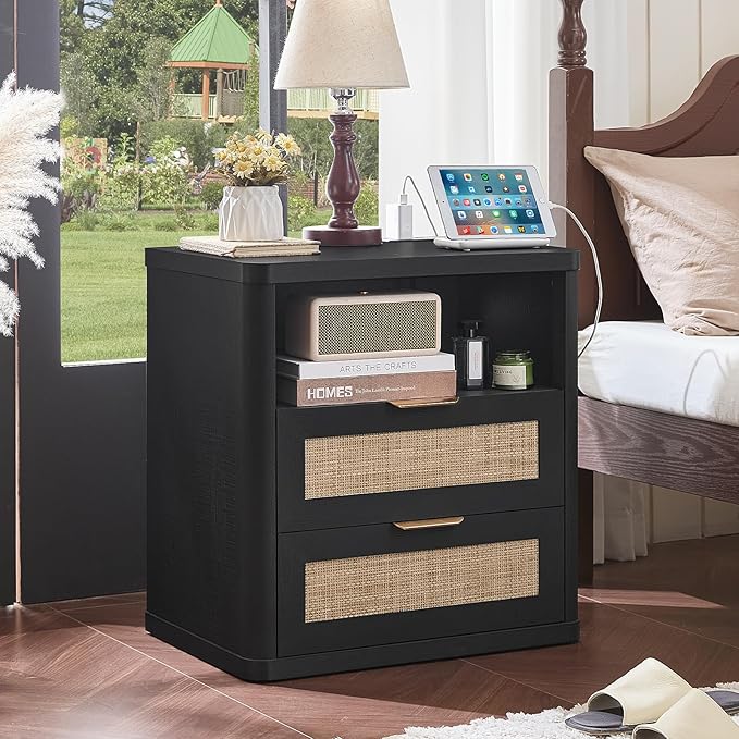 LEYAOYAO Rattan Nightstands with Charger Station, 23" Wide Boho Night Stand with 2 Drawers, Black Bedside Table Open Shlef, Bed Side End Table Dresser for Bedroom, Living Room Hallway