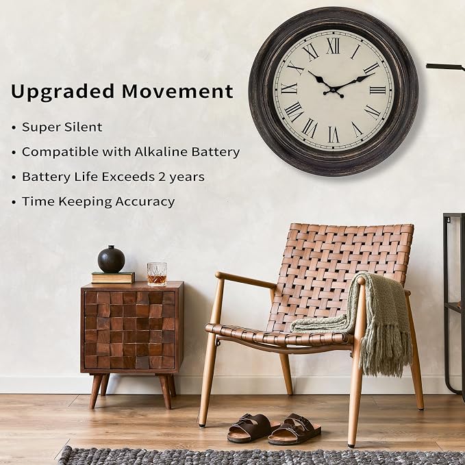 Foxtop Large Bronze Wall Clock 18 Inch Silent Non Ticking Battery Operated Classic Vintage Retro Wall Clock Decorative for Living Room Kitchen Home Office (Roman Numerals)