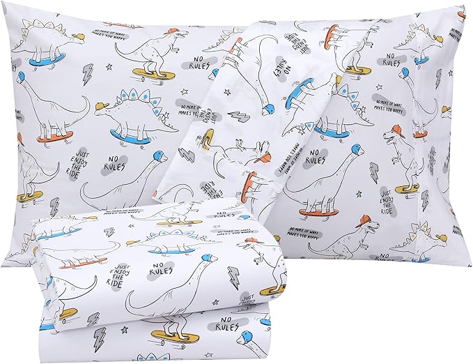 RUVANTI 100% Cotton Sheets Queen Size Set, 4 Pieces, Soft & Breathable Percale Weave Bedding, Deep Pocket 16", Hotel Standard, Crisp Cool Feeling, Durable, Perfect Floral Bed Sheet, Dino
