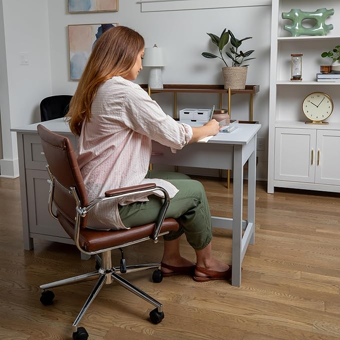 Martha Stewart Hutton Shaker Style Home Office Desk with Storage in Gray with Brushed Nickel Hardware