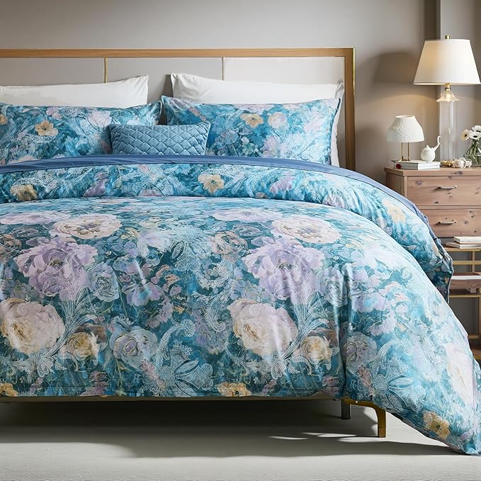 100% Cotton Duvet Cover Queen Size – Navy Blue Watercolor Floral Duvet Cover Set with Zipper Closure & Corner Ties, 3-Piece Silky Soft & Breathable Bedding Set for All Seasons