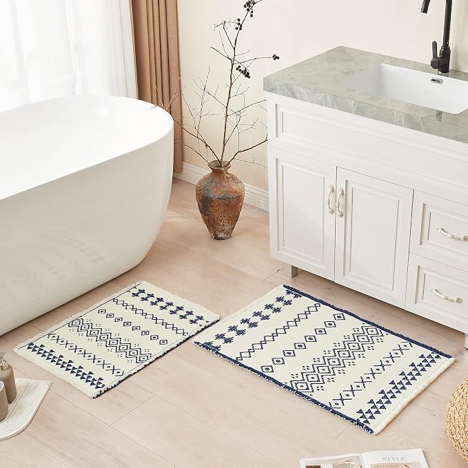 Douceur Boho Bath mat for Bathroom Floor Non Slip, Acrylic Blend Cute Bath Rugs with Tassels, Blue and White Tribal Ethnic Pattern Farmhouse Bathroom Rugs, 24" x 36"