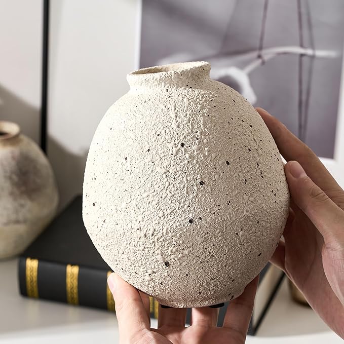 Ceramic Flower Vase, 6.22 Inch Rustic Farmhouse Vase Home Decor, Handcrafted Vintage Pottery Vase, Small Terracotta Vases for Living Room, Table, Shelf, Fireplace, Cream-White