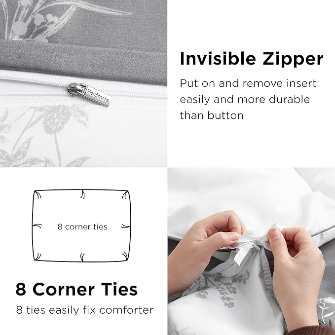 Bedsure Duvet Cover King Size - Reversible Floral Duvet Cover Set with Zipper Closure, 3 Pieces Grey Bedding Set with 8 Corner Ties and 2 Pillowcases 20"x36"