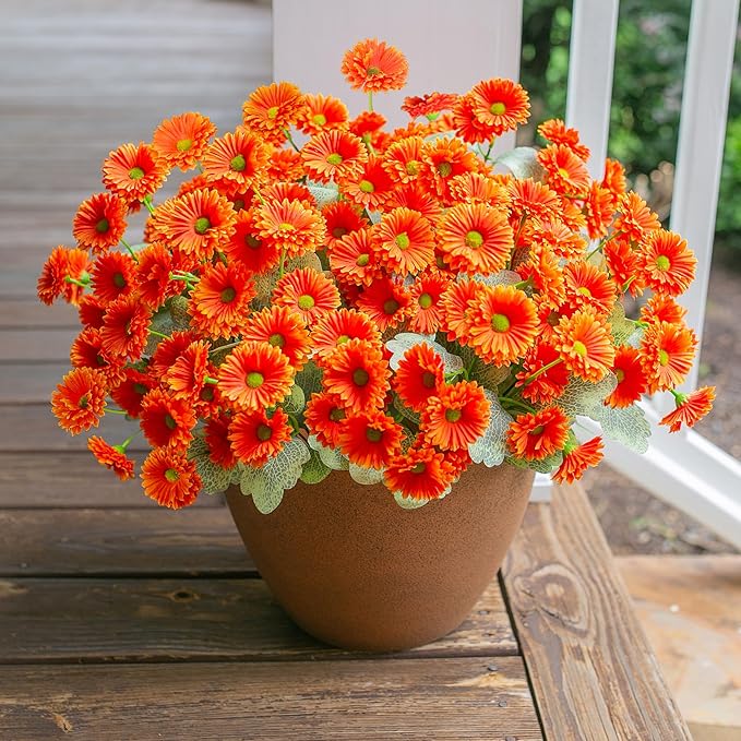 HyeFlora Dahlia Artificial Winter Flowers for Outdoors Christmas Decoration, 6 Bundles Fake Daisy Orange Faux Plants Realistic UV Resistant Silk Flowers for Outside Planter Front Door Yard Garden