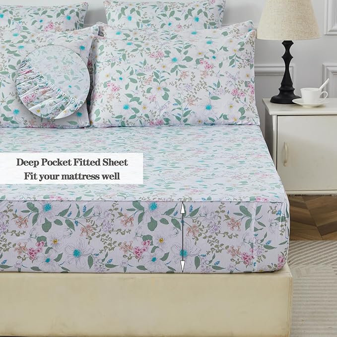 FADFAY Cal King Size Sheets Set 100% Cotton Vintage Floral Shabby Flowers & Leaves Pattern Farmhouse Bedding Set Deep Pocket Sheets with 2 Pillowcases Breathable Soft 4Pcs, Cal King