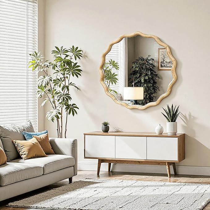 Circle Wood Mirrors for Wall, Wavy Round Bathroom Scalloped Mirror Wooden Frame 24 Inch for Living Room Farmhouse Bedroom Hallway Entryway Living Room with Shatterproof Glass Wall Mounted