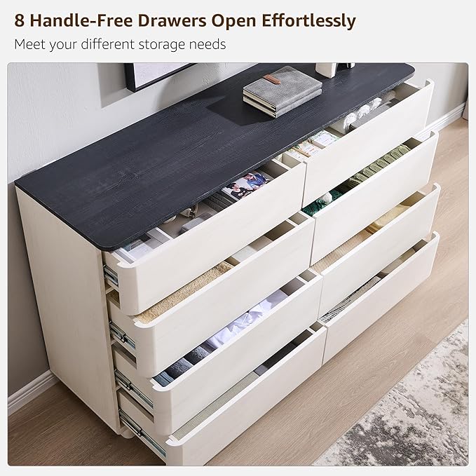 JXQTLINGMU 8 Drawer Dresser for Bedroom, Modern Push-to-Open Chest of Drawers, Large Wood Storage w/Curved Profile & Handleless Design, 52" Wide Dresser TV Stand for Bedroom, Living Room, Off White