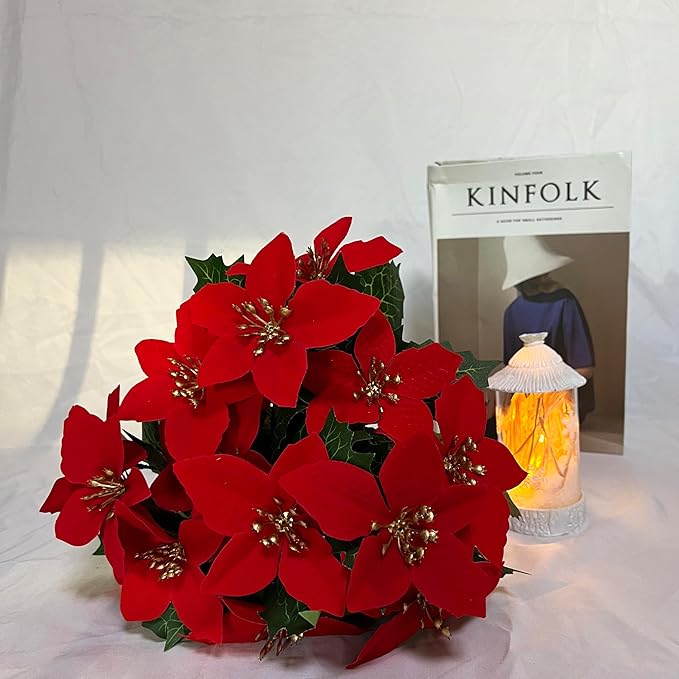 8 Pack 5 Heads Christmas Artificial Poinsettia Flowers Faux Poinsettia Bush Bouquets Silk Poinsettia Christmas Tree Ornaments Poinsettia Flower Arrangement for Home Decor