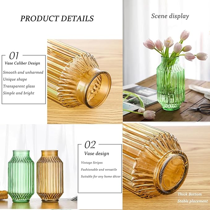Flower Vase,Glass Vase,9.2 inch,Vintage Clear Ribbed Glass Vase for Home Decor,Bookshelf,Dinner Table,Indoor Office Desktop,Meeting Room,Home Christmas Day Decoration