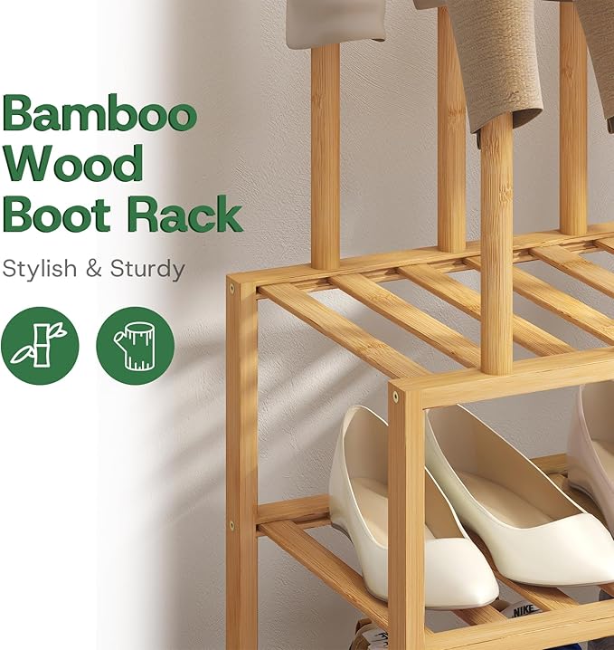 kiplant Tall Boot Rack Organizer - 8 Pair Boot Rack Bamboo Wood Shoe Rack for Entryway & Closet, Holds Tall Boots