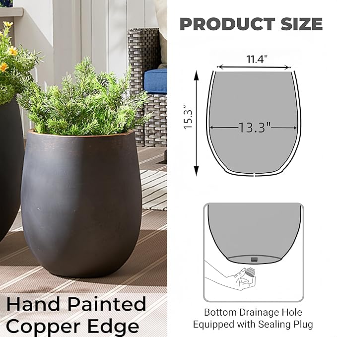 Wallowa 13.3" Dia x 15.3" H Concrete Planter, Outdoor Planter, Black with Gold Rim, Flower Pot with Drainage Hole and Silicone Plug, Plant Container for Garden, Patio, Home, Office, 1 Pack