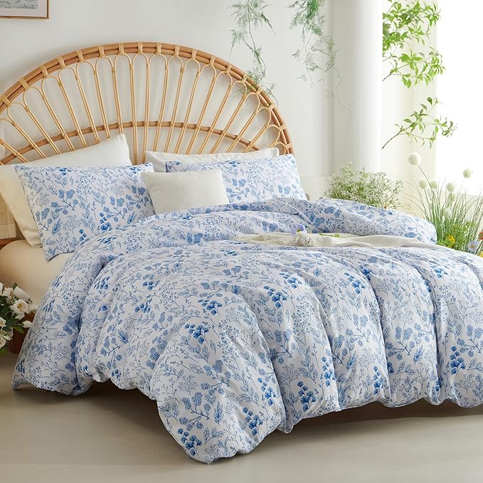 Nayoroom Blue Floral Duvet Cover King Size Cottagecore Botanical Flower Spring Comforter Cover 3 Pcs Soft Breathable Microfiber Pastoral Aesthetic Bedding Set Gift for Women