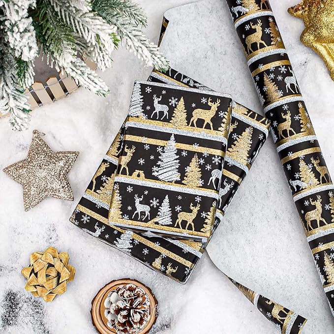 Yarcony Kraft Christmas Wrapping Paper, Black Wrapping Paper, Luxury Faux Sparkle Christmas Trees Reindeer Snowflake Duty Heavy Kraft Gift Wrap for Holidays, Winter Solstice (17 Inch X 33 Feet)