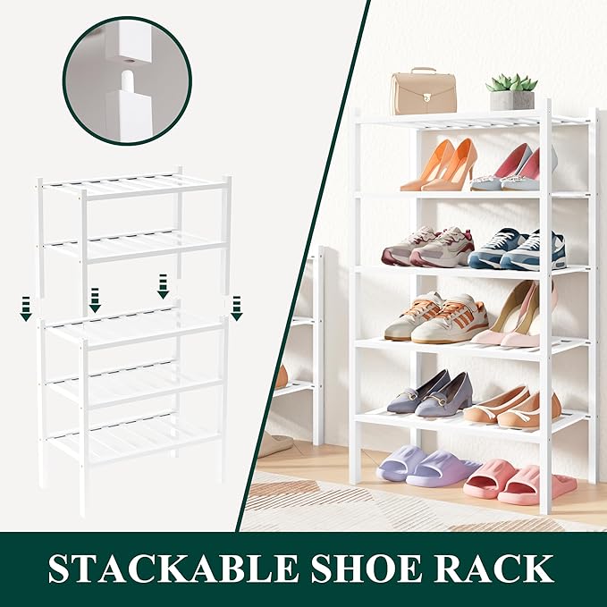 Smiry Bamboo Shoe Rack for Closet, 4 Tier Long Wooden Stackable Shoe Organizer, Free Standing Shoes Storage Shelf for Entryway, Front Door Entrance, White