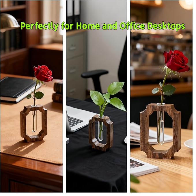 Solid Wood Frame Glass Tube Vase for Home Office Desktop Decor for Presents, Single Rose/Bud Vase, Wooden Centerpiece Vase Table for Restaurant Cafes Hotel(Small, Classic, 1 Pack)