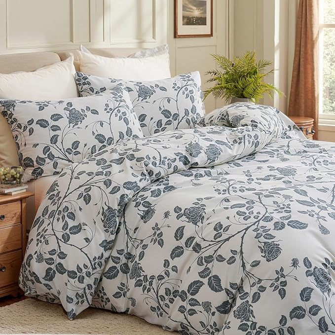 Bedding_Dreamer Comforter Set Queen Size 100% Cotton Comforter Botanical Leaf Comforters Blue Floral Bedding Sets Soft Breathable 3 Pcs