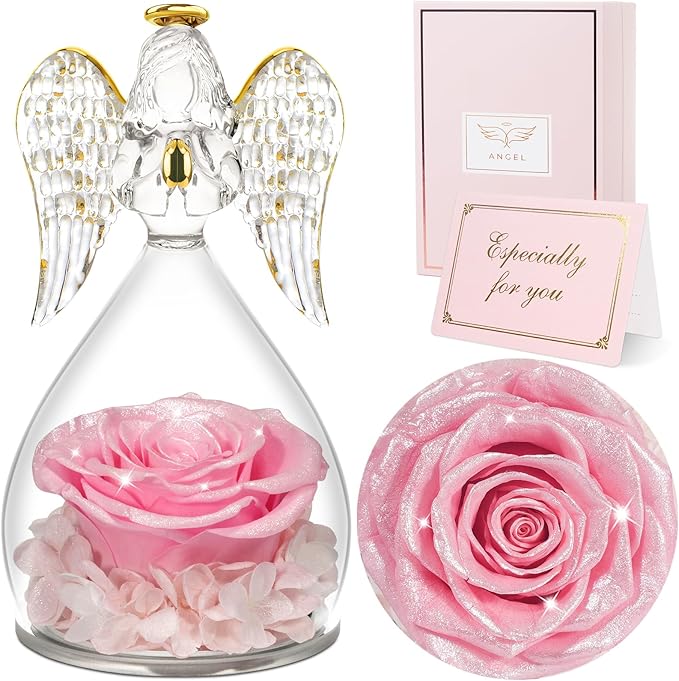 Sunia Preserved Flower Rose Gift for Women - Mother's Day Birthday Gifts for Mom Wife Grandma, Glass Angel Figurines Forever Real Roses Gifts for Her Valentine Day Thanksgiving﻿ (Sparkling Pink)