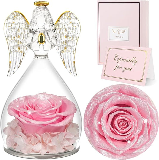 Sunia Preserved Flower Rose Gift for Women - Mother's Day Birthday Gifts for Mom Wife Grandma, Glass Angel Figurines Forever Real Roses Gifts for Her Valentine Day Thanksgiving﻿ (Sparkling Pink)