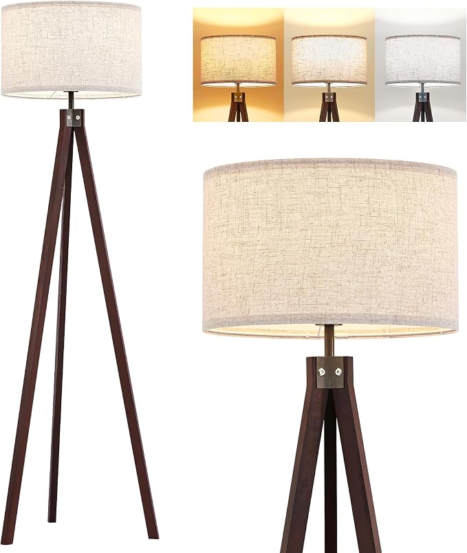 ELYONA Wood Tripod Floor Lamp with 3 Color Temperatures Bulb, Mid Century Modern Reading Standing Light, Farmhouse Floor Light Linen Shade for Living Room Bedroom Office, Walnut, 9W LED Bulb Include