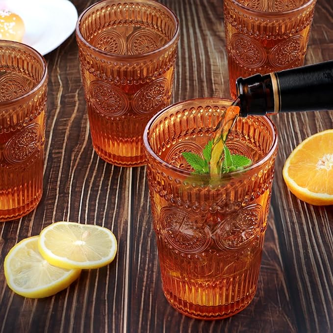 Loivttvv 6pcs Vintage Drinking Glasses Set, 12 oz Amber Highball Glasses, Embossed Ribbed Glassware Cups for Thanksgiving Cocktail, Juice, Whiskey
