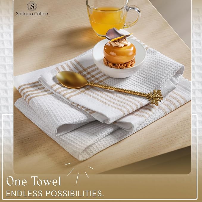 Waffle White & Beige Kitchen Dish Towels 12 Pack, 100% Cotton, 16x26 inches, Durable Dish Cloths Set, Quick Dry Kitchen Rags, Everyday Use Cooking and Cleaning Hand Towels, Bar Towel