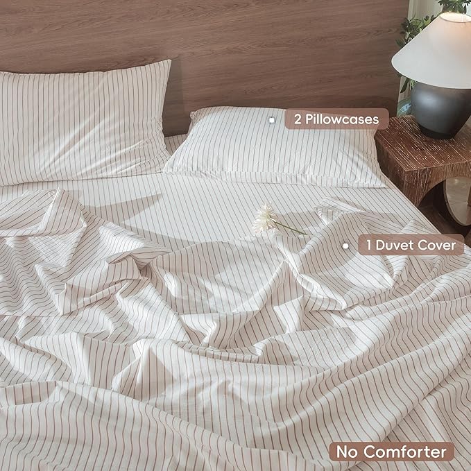 MooMee Striped Duvet Cover Set 100% Washed Cotton Linen Like Textured Breathable Durable Soft Comfy (White Orange Wide Stripes, Super Queen 90"x98")