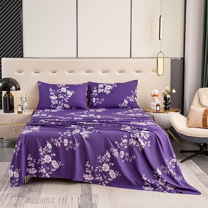 Bedlifes King Size Extra Deep Pocket Sheet Sets - Fits Mattresses Up to 18-24" Thick, 4-Piece Microfiber Set with 1800 Thread Count, Soft, Smooth, Breathable, Featuring Dark Purple Floral