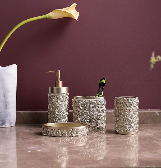 Hymmah Bathroom Accessories Set,Golden Design Toothbrush Holder,Farmhouse Bathroom Decor,4 Pcs Resin Gift Set Apartment Necessities, Contain Toothbrush Cup,Soap Dispenser,Soap Dish,Tumbler