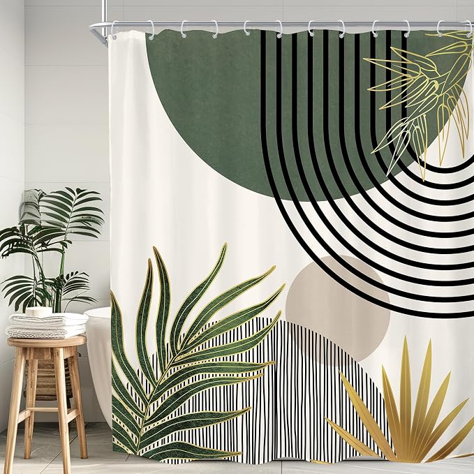 KOMLLEX Mid Century Green Boho Shower Curtain 72Wx78L Inches Abstract Modern Shower Curtains for Bathroom Gold Plant Botanical Minimalist Arch Sun Fabric Liner Waterproof Polyester 12 Pack Hooks